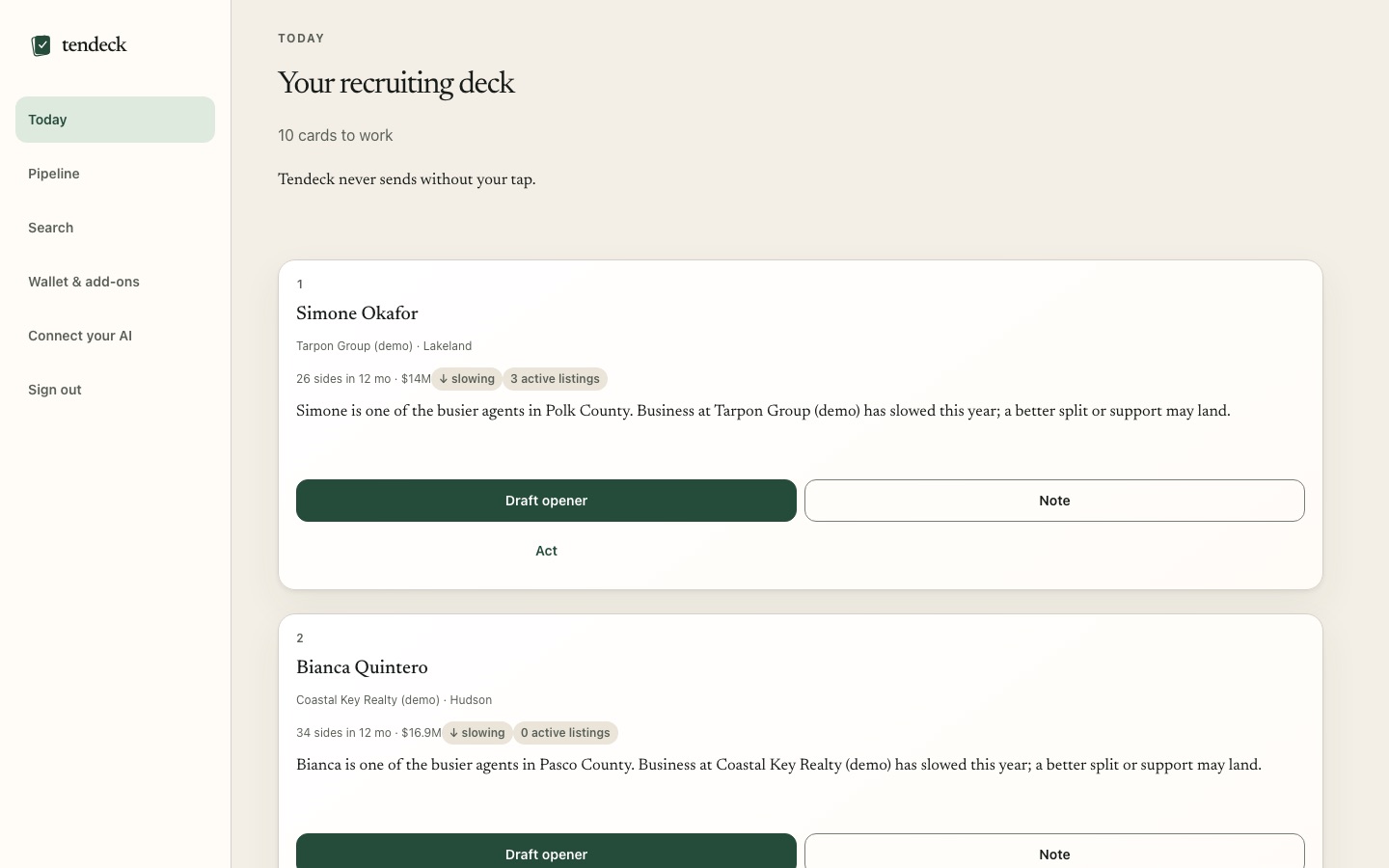 Tendeck broker desktop showing Today’s 10 for recruiting.