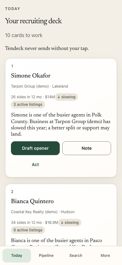 Tendeck broker phone view showing Today’s 10 for recruiting.